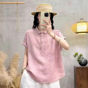 园园美衣麻衬衫女2026春夏新款文艺时尚纯色短袖翻领宽松套头衬衣