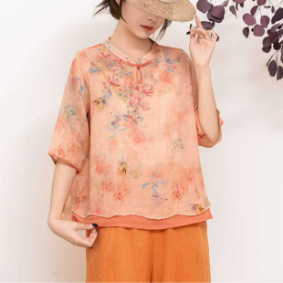 女复古宽松印花显瘦T恤上衣 文艺国风刺绣苎麻衬衫 园园美衣季 新款