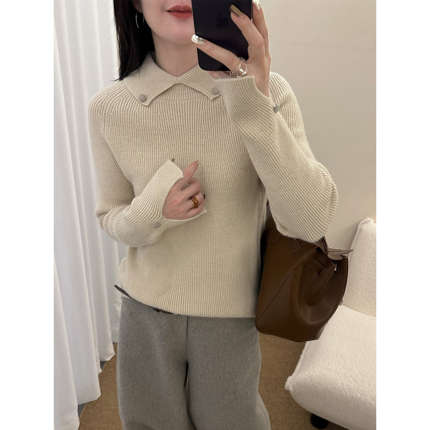 园园美衣领毛衣女2026新款秋冬韩系修身针织衫百搭打底衫显瘦上衣