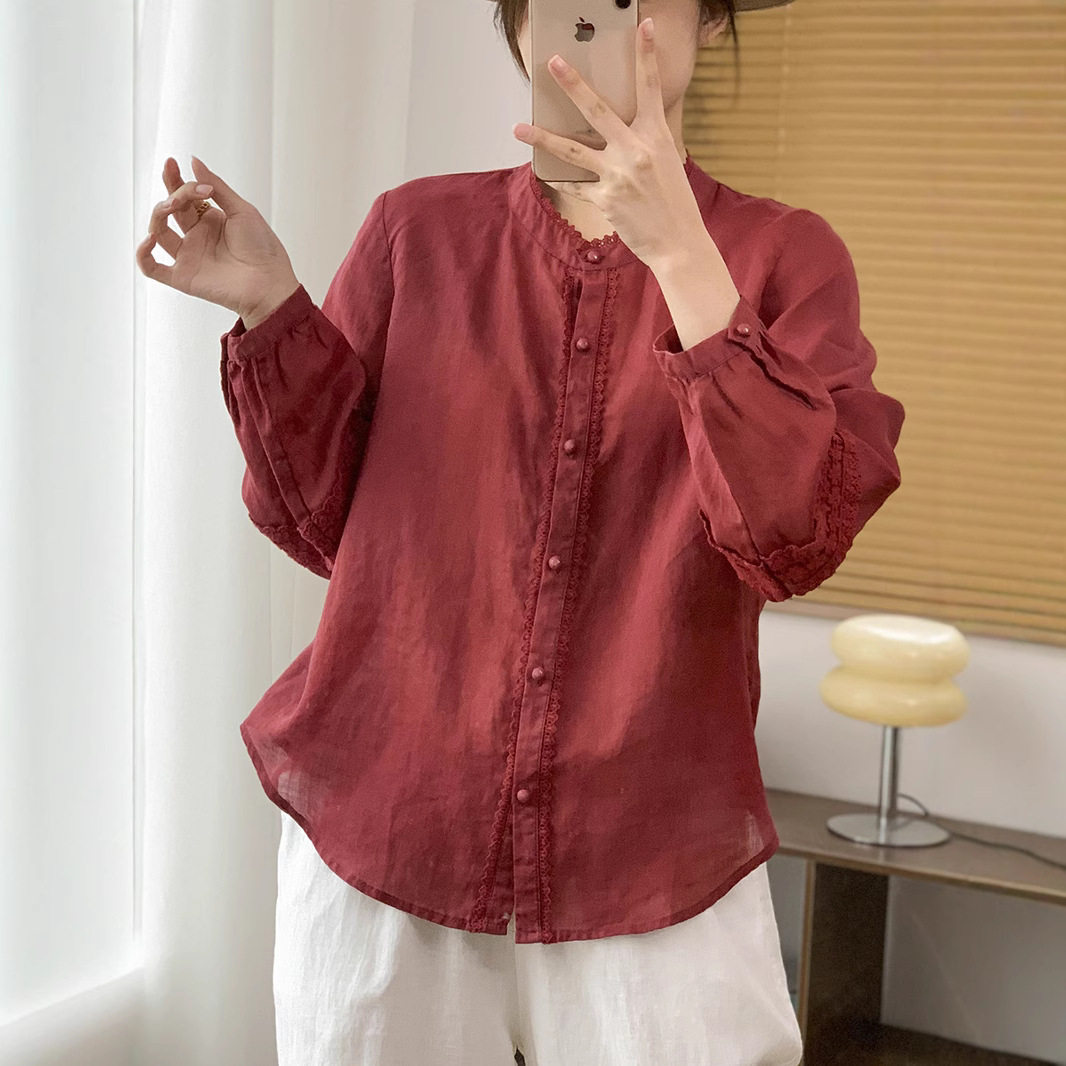 特价清仓园园美衣25早春纯色苎麻娃娃衫灯笼袖蕾丝边拼接女士衬衫