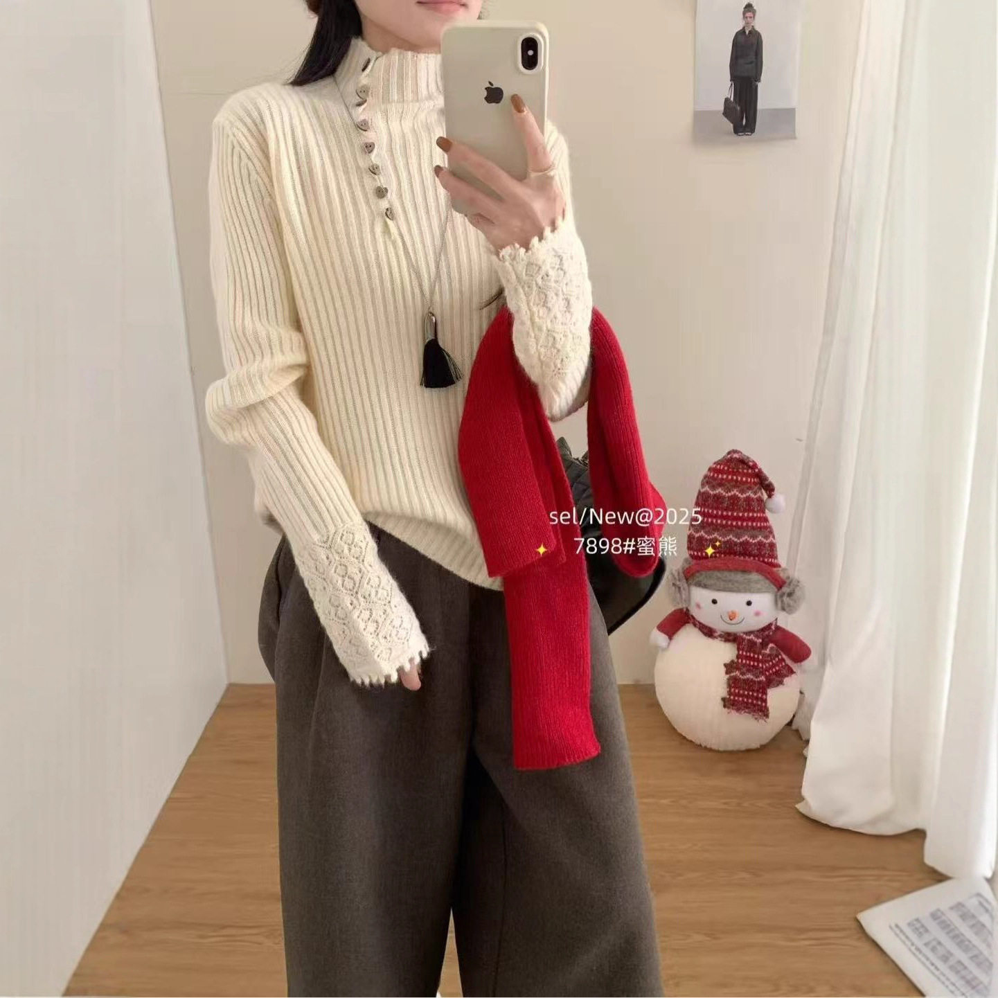 园园美衣衣女高领蕾丝拼接羊驼蜜熊绒毛衣针织衫扣子软糯保暖毛衣