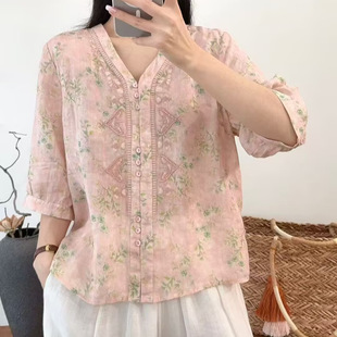 园园美衣新款文艺苎麻小衫印花V领衬衫薄款刺绣开衫休闲上衣6278