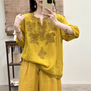 园园美衣新款文艺重工刺绣苎麻衬衫复古纯色宽松V领显瘦套头小衫