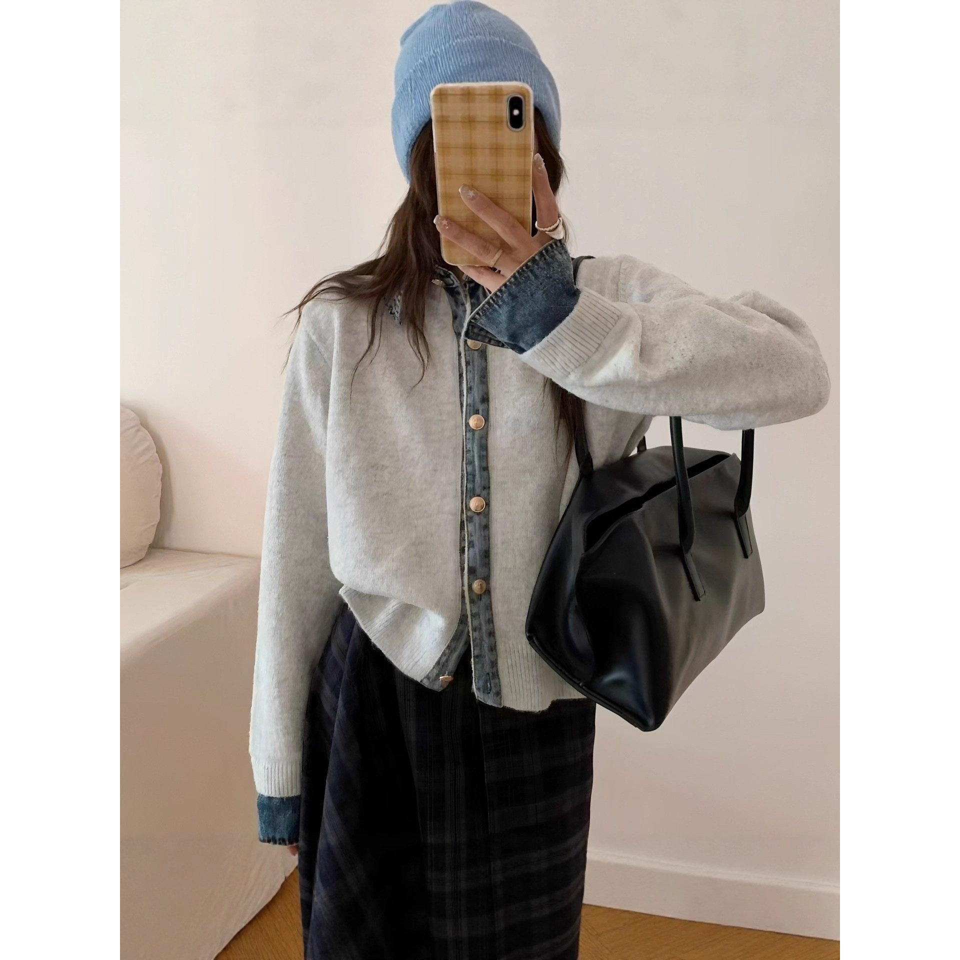 园园美衣翻领厚假两件针织开衫2026秋冬新款牛仔拼接女式毛衣外套