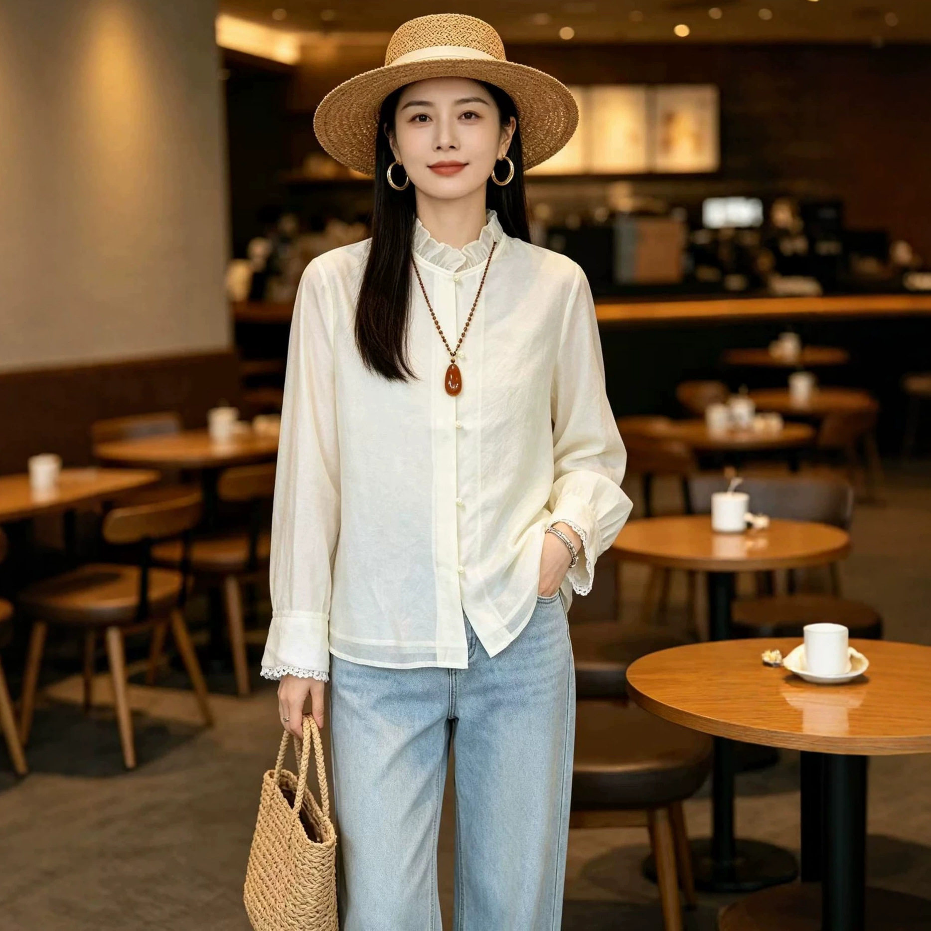 园园美衣新中式国风女装天丝提花轻奢衬衫春秋复古百搭打底衫上衣