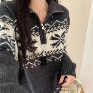 园园美衣古半拉链高领毛衣女羊驼蜜熊绒提花宽松慵懒套头针织上衣