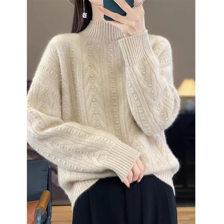 园园美衣半高领扭花绵羊毛女25新款秋冬软糯加厚宽松毛衣针织打底