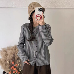 园园美衣衬衫长袖女条纹宽松休闲韩版学院风上衣立领亲肤衬衫新款