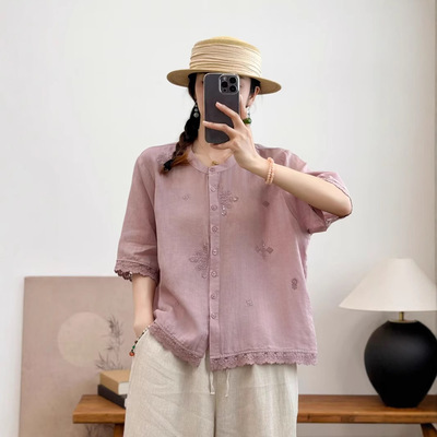 园园美衣花边拼接苎麻刺绣衬衫女 25夏新款复古宽松圆领五分袖804