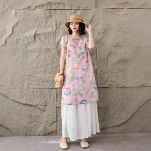 复古中式 连衣袖 宽松圆领显瘦中长裙 文艺印花苎麻飞袖 园园美衣新款