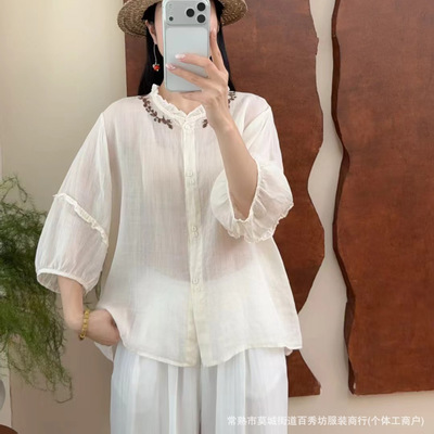 园园美衣衫女2026夏季新款刺绣苎麻显瘦百搭圆领上衣女士短袖小衫