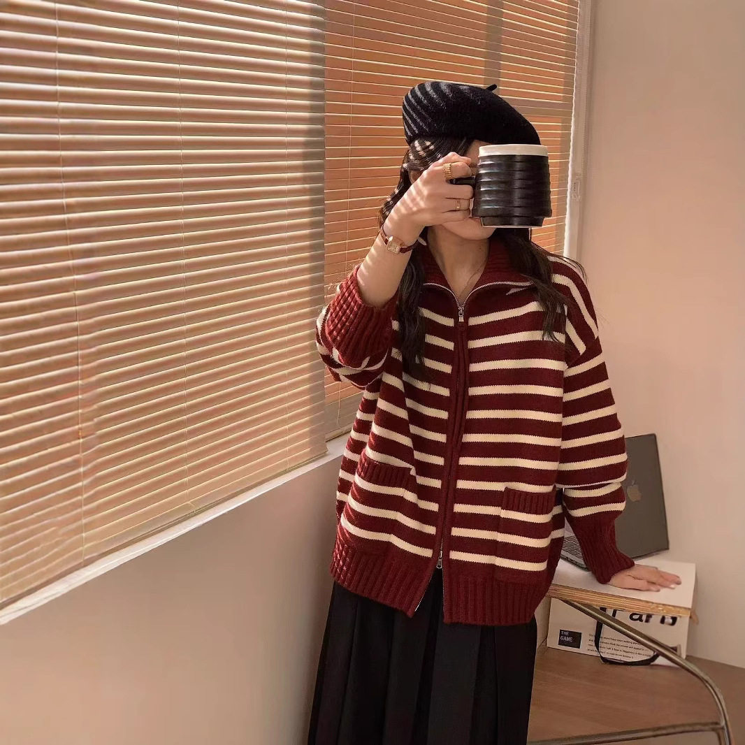 园园美衣韩版立领拉链拼色条纹软糯针织开衫双口袋毛衣保暖外套女