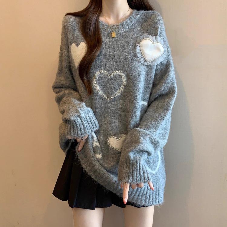 园园美衣25新款冬加厚宽松休闲慵懒风针织衫粉色爱心毛衣女