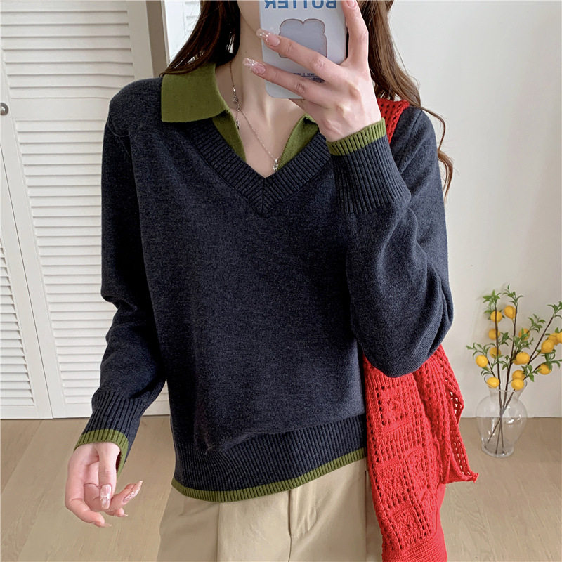 园园美衣感绿色翻领毛衣女撞色假两件针织衫秋冬宽松v领polo内搭