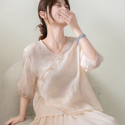 园园美衣2026夏季国风苎麻刺绣女士宽松苎麻上衣苎麻小衫苎麻衬衫