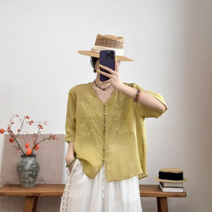 简约刺绣上衣女文艺复古V领小衫 园园美衣袖 新款 2026夏季 8720 衬衫