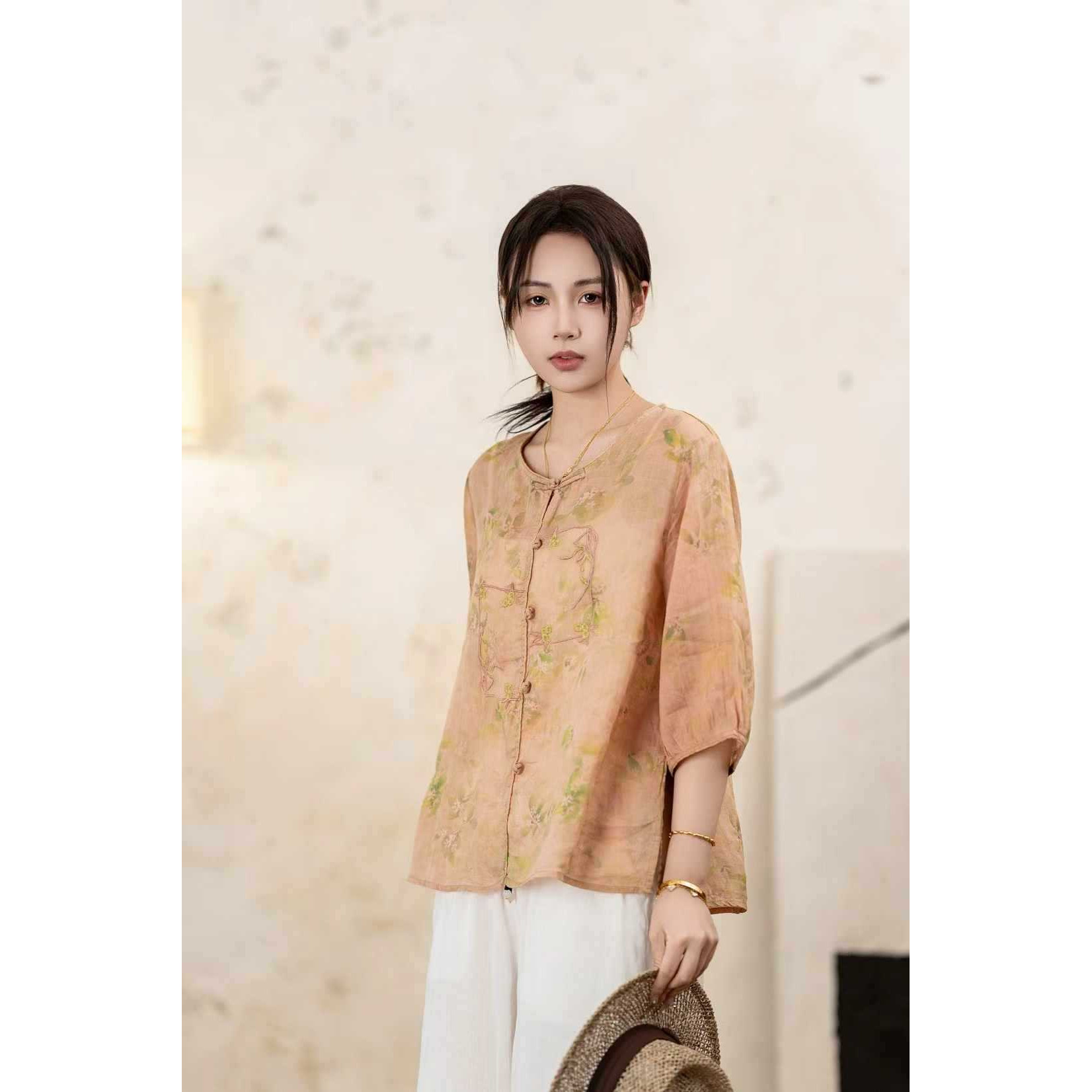 园园美衣苎麻数码印花衬衫25夏新款复古宽松花边领盘扣五分袖图片