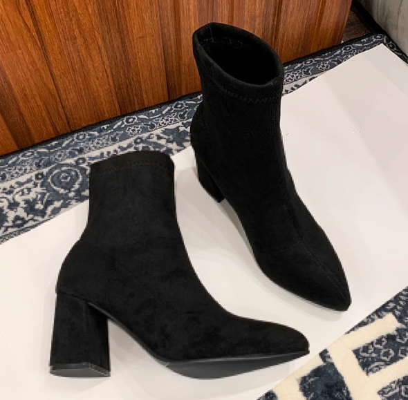 尖头瘦瘦靴粗跟弹力靴sw韩版