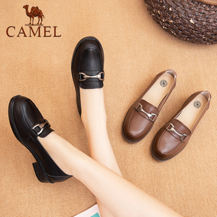 骆驼女鞋真皮浅口3公分跟单鞋2024新款春秋小皮鞋懒人气质妈妈鞋