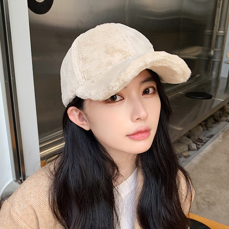 棒球帽女秋冬跨境新款加厚保暖韩版百搭兔毛毛绒防寒显脸小鸭舌帽