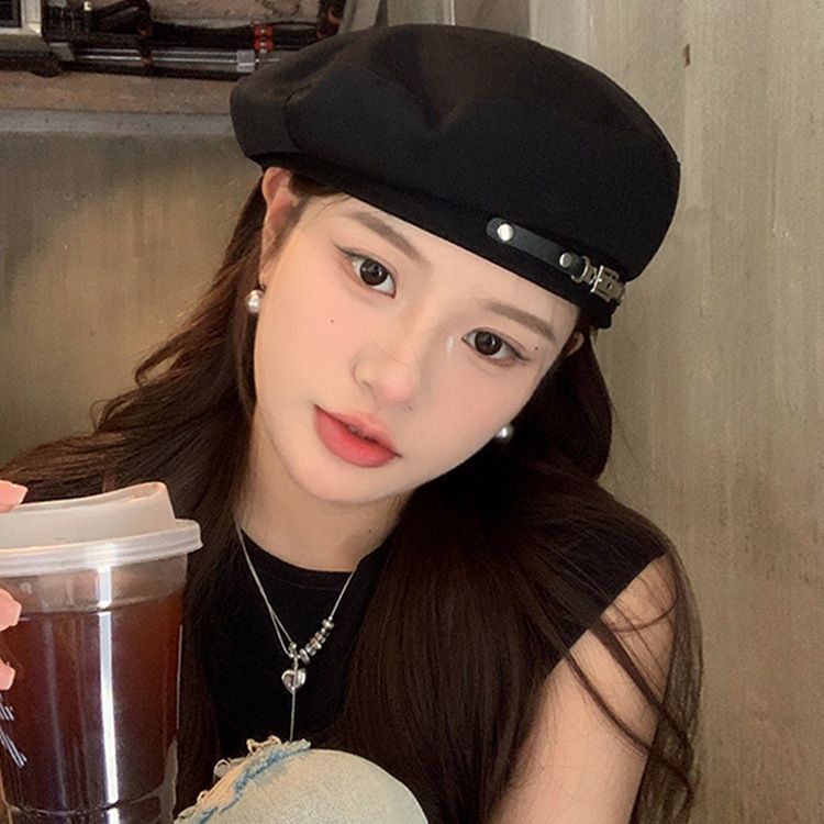 早秋薄款皮扣设计贝雷帽