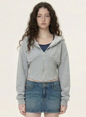 美式复古 灰色短款拉链卫衣女高街修身显瘦束腰连帽开衫2026外套