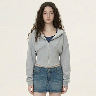 美式复古 灰色短款拉链卫衣女高街修身显瘦束腰连帽开衫2026外套