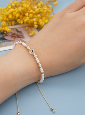 欧美ins风个性白色琉璃扁眼睛 白色米珠女手链简约可调节手绳女生