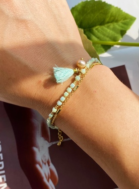 小众饰品糖果绿色淡水天然珍珠流苏竹节链双层个性夏日款小手链女