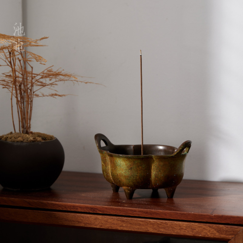 池也海棠做旧青铜三足香炉家用室内上香熏香沉檀香礼佛供奉双耳炉