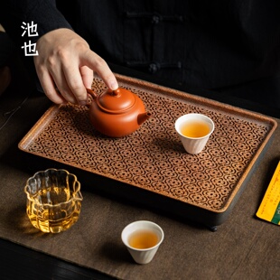 池也纯紫铜手工锤纹做旧茶台家用大容量储水茶盘干泡盘茶具托盘