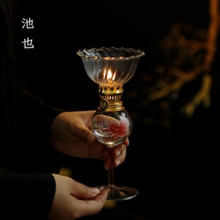 池也高脚玻璃油酥灯中式家用禅意烛台盏茶室氛围摆件茶道零配件