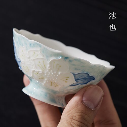 池也手绘蓝韵花影陶瓷主人杯女士精致品茗杯花口高足斗笠茶杯茶具