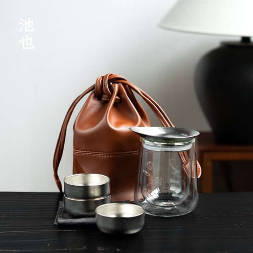 池也纯钛便携旅行茶具双层玻璃懒人泡茶神器套装茶水分离泡茶壶