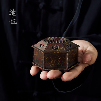 池也手工六角错金香熏炉家用复古沉香檀香盘香炉中式禅意茶道摆件