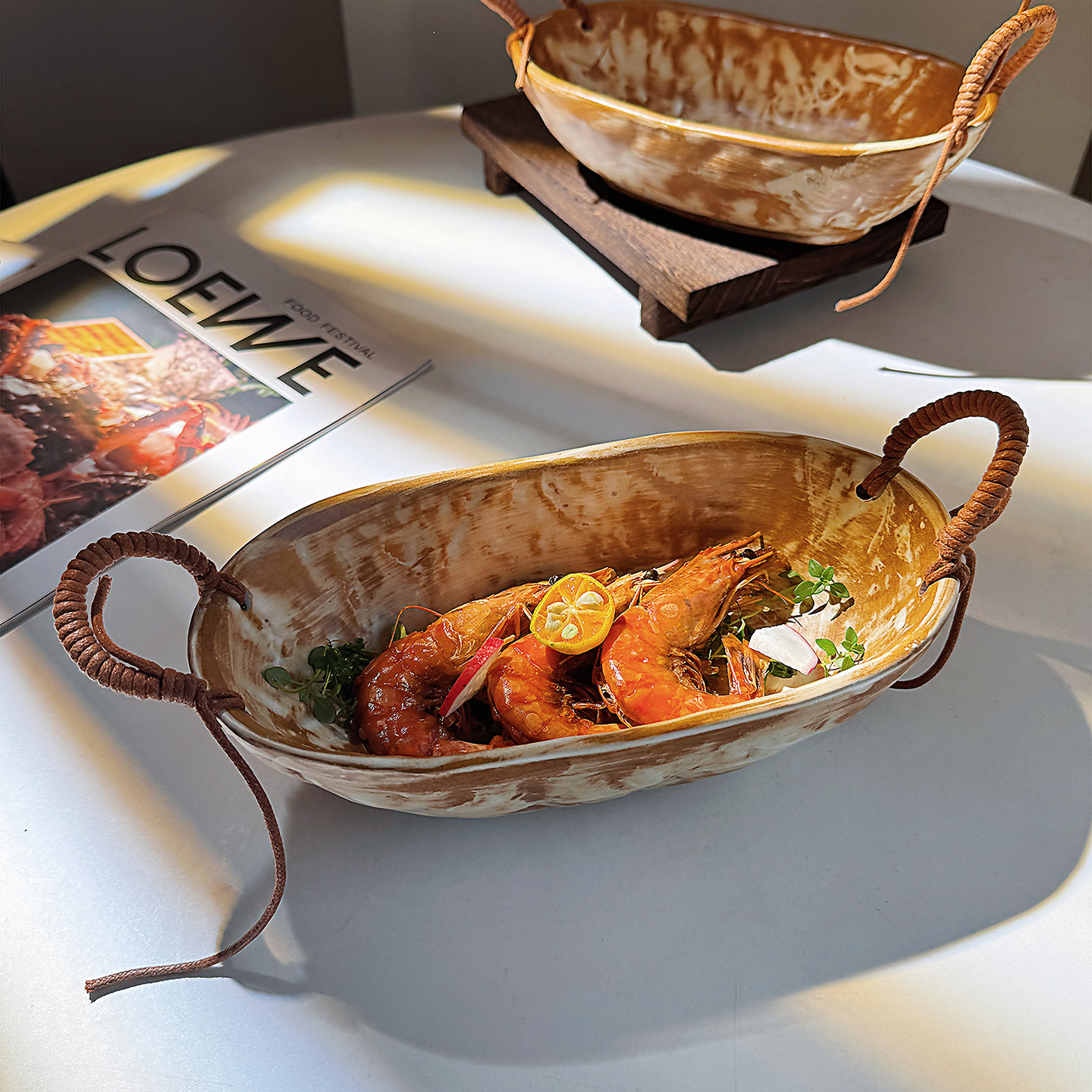 【特色编绳复古手作粗陶双耳餐具】餐厅炸物点心碗料理碗家用菜碗
