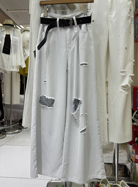 【D too lin】2025年夏季新款浅灰色破洞直筒阔腿牛仔裤HY376D#