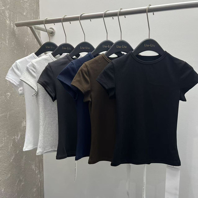 LIULIU2025四季爆款基础款辣妹纯色圆领修身短袖T恤百搭显瘦6283#
