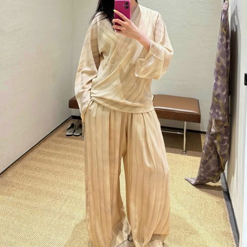 Cortana | 苔绿细条纹开衫V领缠腰系带衬衫+裤子