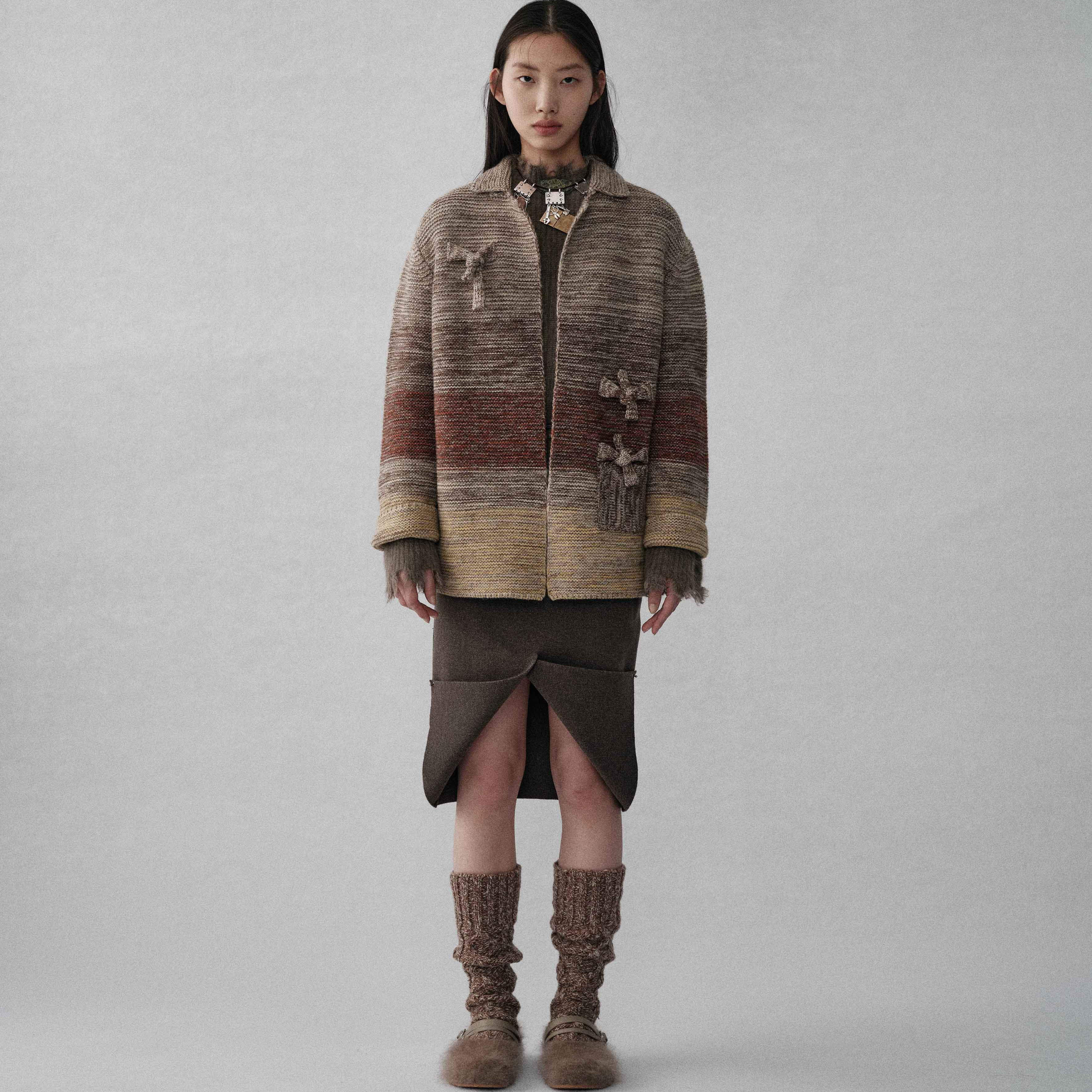 Swaying/knit | 25秋冬新款粗支翻领卡红黄拼接开衫外套