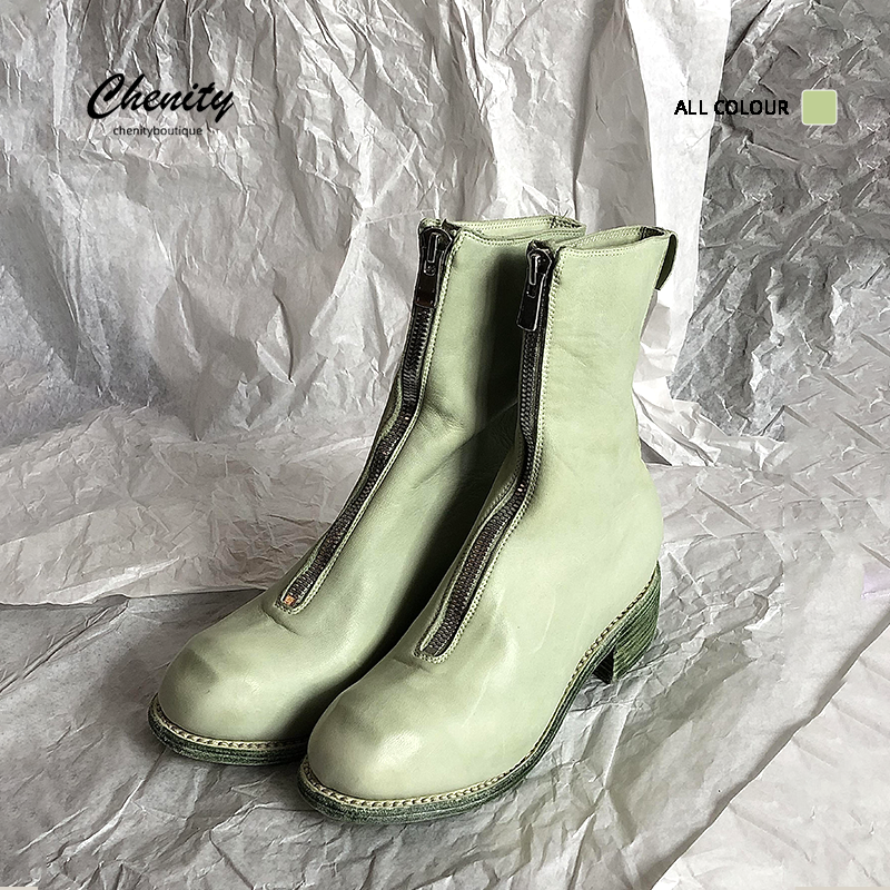 Guidi女士浅绿色前拉链中筒靴