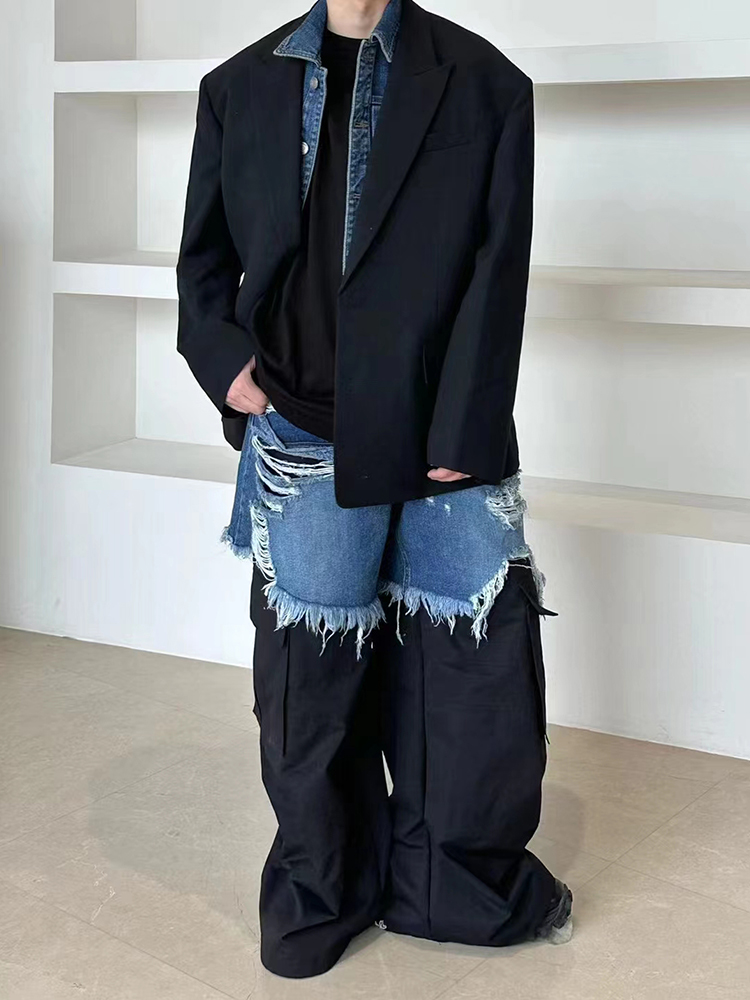 【设计师品牌】JUUN.J 2023春夏八折男黑色牛仔拼接短款西装外套