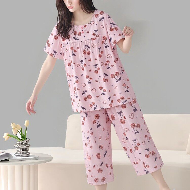 夏季棉绸碎花睡衣中年女士薄款图片