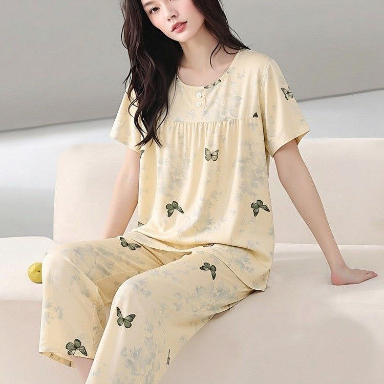 夏季棉绸睡衣女士薄款绵绸短袖七分裤加大加肥套装人造棉家居服