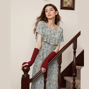 夏女人造棉绸遮胸防不凸点免胸垫睡衣荷叶边家居绵绸连衣宽松睡裙