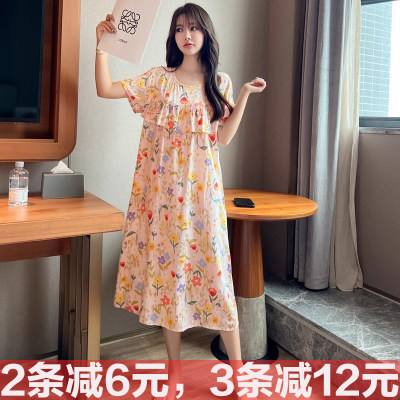 夏女碎花人造纯棉绸胸防睡衣