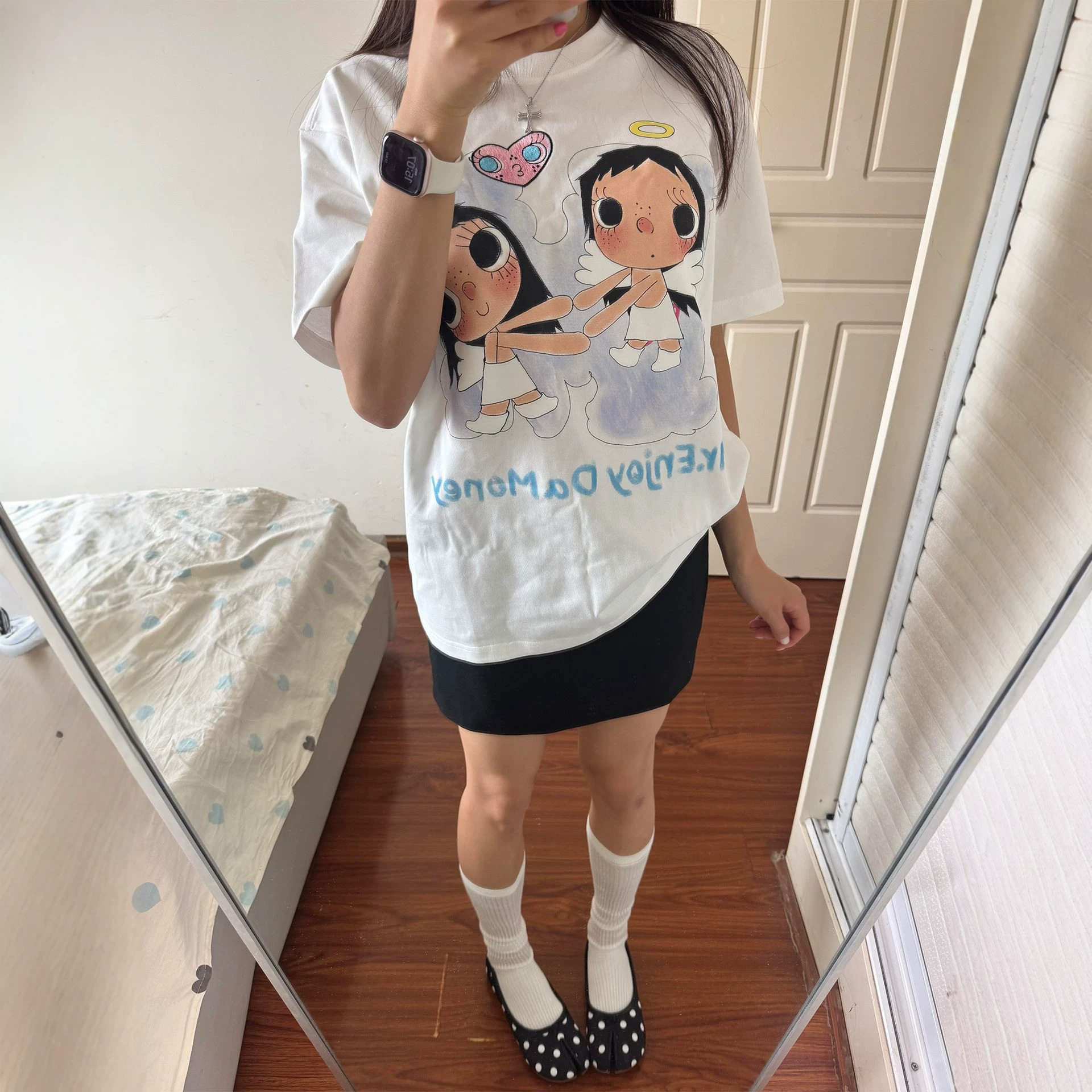 美式爱心天使印花短袖T恤女夏季重磅纯棉休闲可爱宽松上衣2026