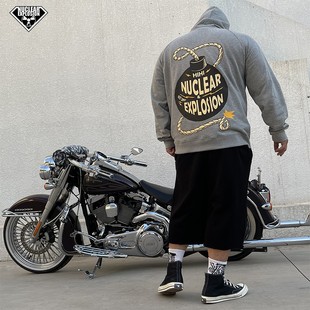 核爆炸潮牌卡通炸弹猫秋冬重磅全棉宽松大兜帽衫 灰色套头连帽卫衣