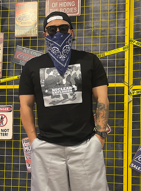 核爆炸潮牌单挑1v1漫画卡通黑色250g全棉夏季男士宽松半袖短袖T恤