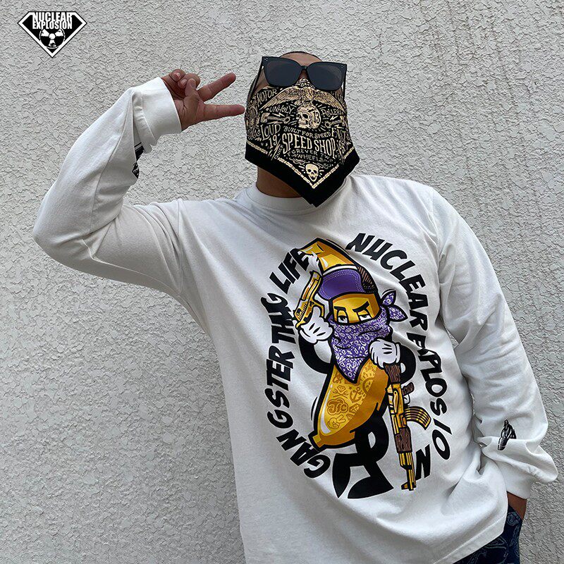 核爆炸潮牌风格香蕉人卡通印花纯棉宽松休闲男士黑白打底长袖t恤